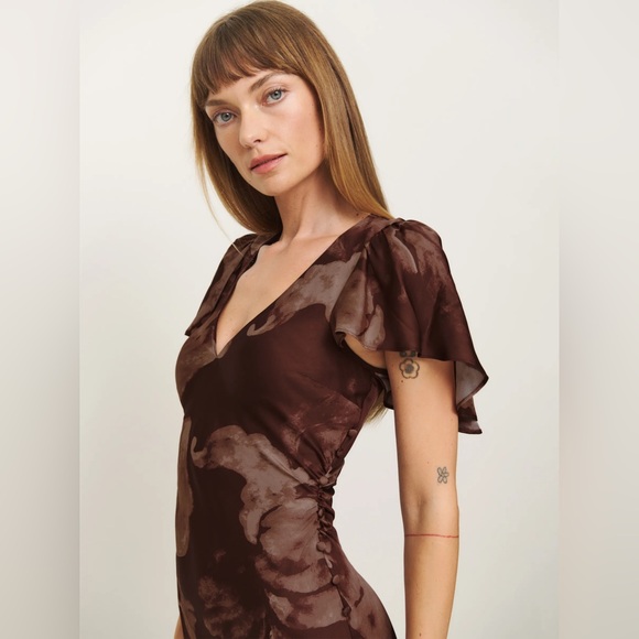 NEW Reformation Vida Long Satin Dress in Siena Brown Floral | size US 4 - Picture 3 of 14
